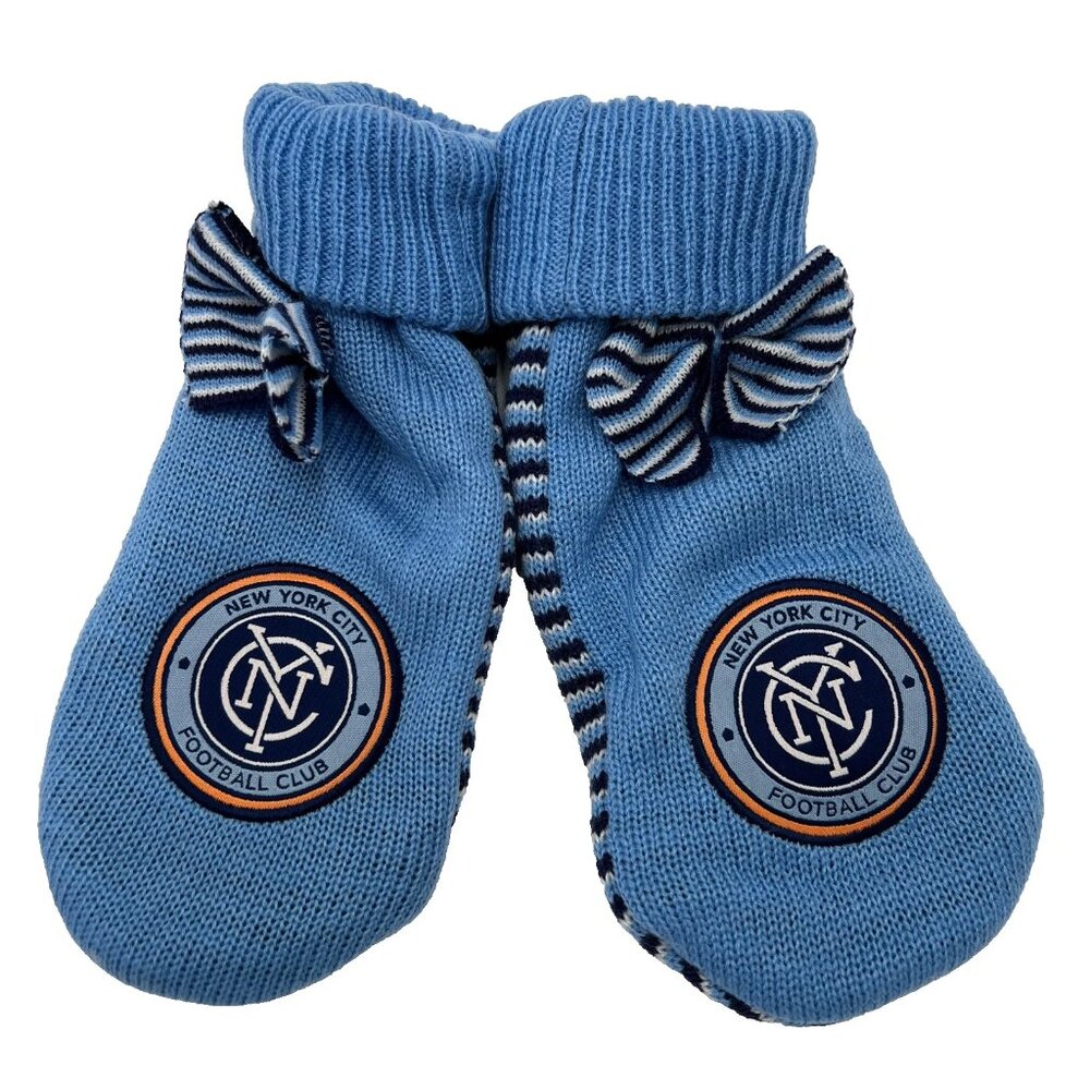 Adidas Womens OSFA Blue Striped Knit Bow New York City FC MLS Winter Mittens NWT